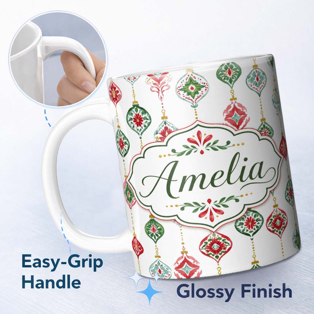 Personalized Custom Name Festive Christmas Ornament Watercolor Hanging Baubles Seamless 11oz Ceramic Coffee Tea Mug White Large Handle