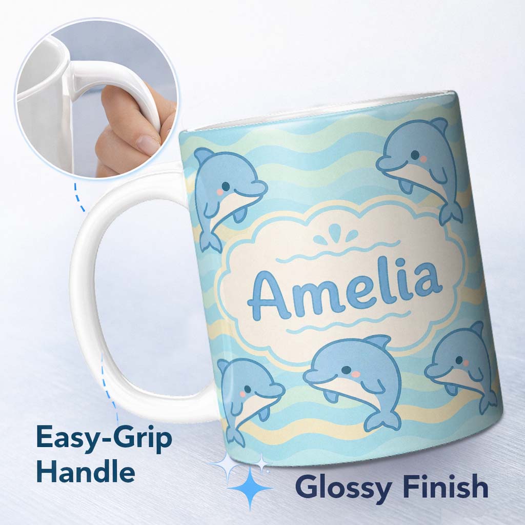 Personalized Custom Name Cute Dolphin Waves Cartoon Animal Pattern Cute Unique Gift Lovely 11oz Ceramic Coffee Tea Mug White Large Handle
