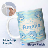 Personalized Custom Name Cute Dolphin Waves Cartoon Animal Pattern Cute Unique Gift Lovely 11oz Ceramic Coffee Tea Mug White Large Handle