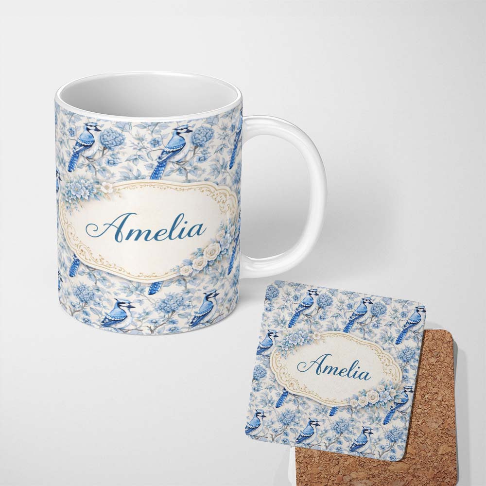 Personalized Custom Name Blue Jay Bird Floral Garden Detailed Botanical Illustration Design 11oz Ceramic Coffee Tea Mug White Large Handle