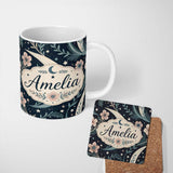 Personalized Custom Name Botanical Crescent Moon Floral Night Seamless Pattern Lovely 11oz Ceramic Coffee Tea Mug White Large Handle