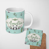 Personalized Custom Name Cute Panda Bamboo and Floral Minimal Seamless Pattern on Mint Green 11oz Ceramic Coffee Tea Mug White Large Handle