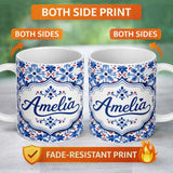 Personalized Custom Name Classic Blue Floral Portuguese Tile Pattern with Red Accents on 11oz Ceramic Coffee Tea Mug White Large Handle