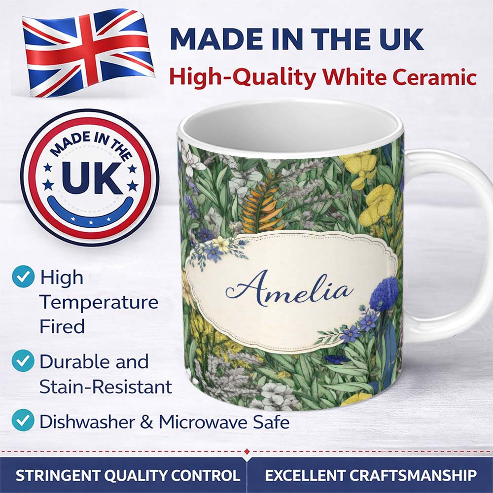 Personalized Custom Name Tropical Botanical Garden Illustration Green Floral Seamless Pattern 11oz Ceramic Coffee Tea Mug White Large Handle