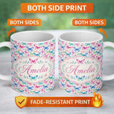 Personalized Custom Name Pastel Gradient Butterflies in Soft Pink and Blue Seamless Pattern 11oz Ceramic Coffee Tea Mug White Large Handle