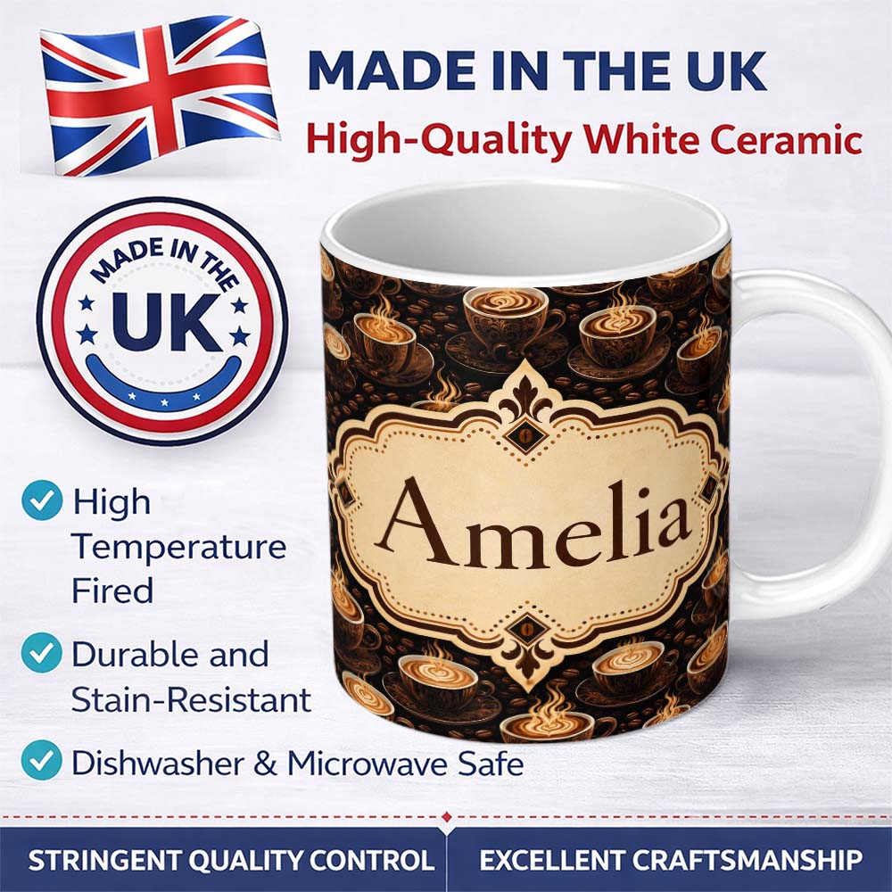 Personalized Custom Name Coffee Cups Dark Roast Cafe Theme Seamless Pattern Cute Unique Gift 11oz Ceramic Coffee Tea Mug White Large Handle