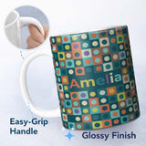 Personalized Custom Name Multicolor Dot Grid Bold Seamless Pattern Thoughtful Gift Idea 11oz Ceramic Coffee Tea Mug White Large Handle