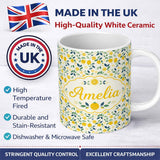 Personalized Custom Name Playful Lemon Citrus and Leaves Repeat Pattern on Cream Background 11oz Ceramic Coffee Tea Mug White Large Handle