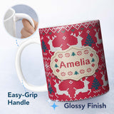 Personalized Custom Name Cute Red Nordic Reindeer Snowflake Christmas Knitted Seamless Lovely 11oz Ceramic Coffee Tea Mug White Large Handle