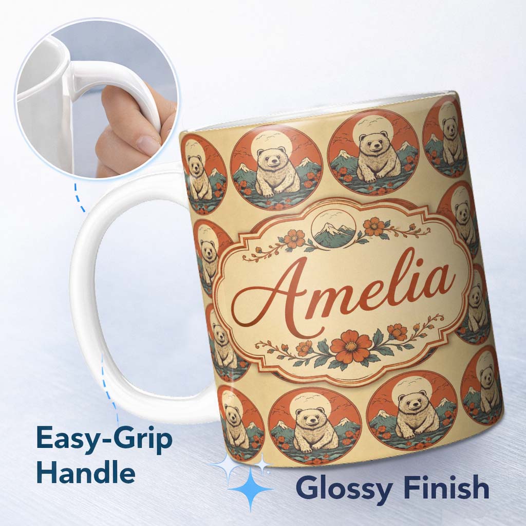 Personalized Custom Name Cute Bear with Mountain and Sun Background Seamless Pattern Lovely 11oz Ceramic Coffee Tea Mug White Large Handle