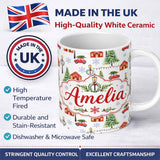 Personalized Custom Name Watercolor Christmas Village Trees Cars Snow Scene Seamless Pattern 11oz Ceramic Coffee Tea Mug White Large Handle