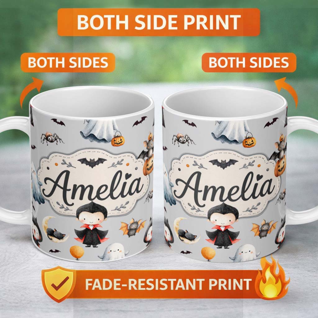 Personalized Custom Name Cute Halloween Vampire Ghost Bats Spooky Grey Background Seamless 11oz Ceramic Coffee Tea Mug White Large Handle