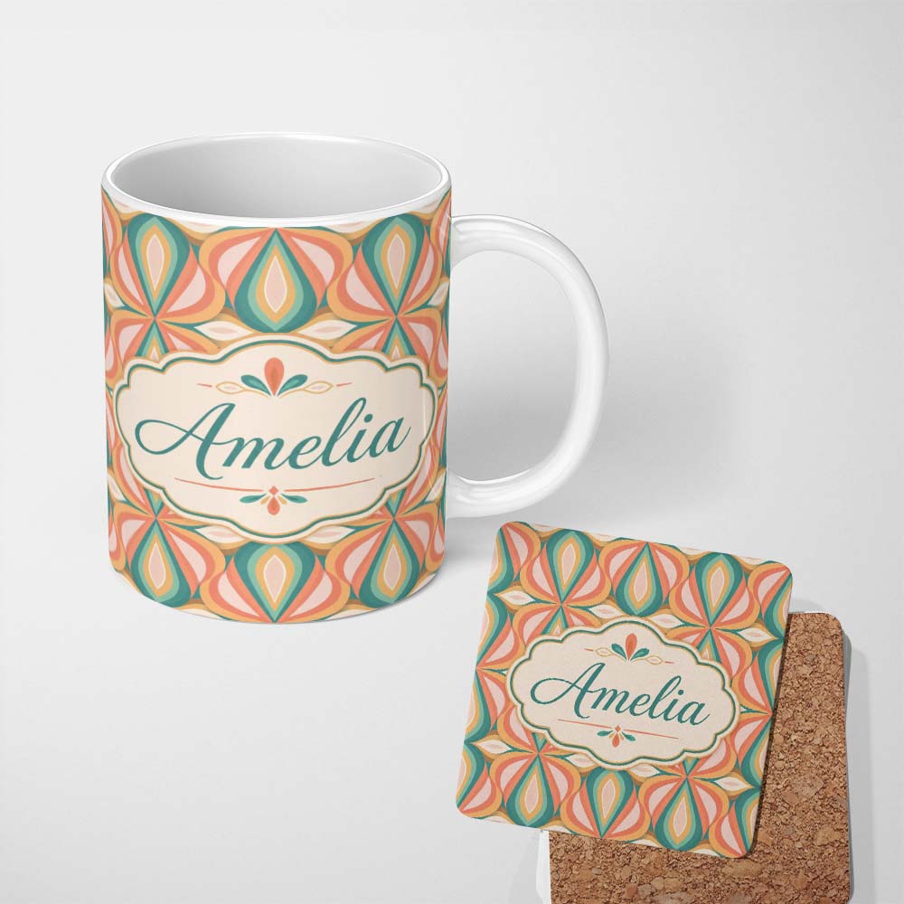 Personalized Custom Name Vintage Tile Style Geometric Pattern in Brown and Cream Tones Lovely 11oz Ceramic Coffee Tea Mug White Large Handle