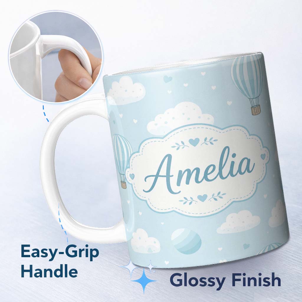 Personalized Custom Name Cute Hot Air Balloons with Clouds Pastel Sky Background Seamless 11oz Ceramic Coffee Tea Mug White Large Handle