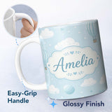 Personalized Custom Name Cute Hot Air Balloons with Clouds Pastel Sky Background Seamless 11oz Ceramic Coffee Tea Mug White Large Handle