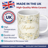 Personalized Custom Name Soft Yellow and White Floral Pattern Cream Background Seamless 11oz Ceramic Coffee Tea Mug White Large Handle