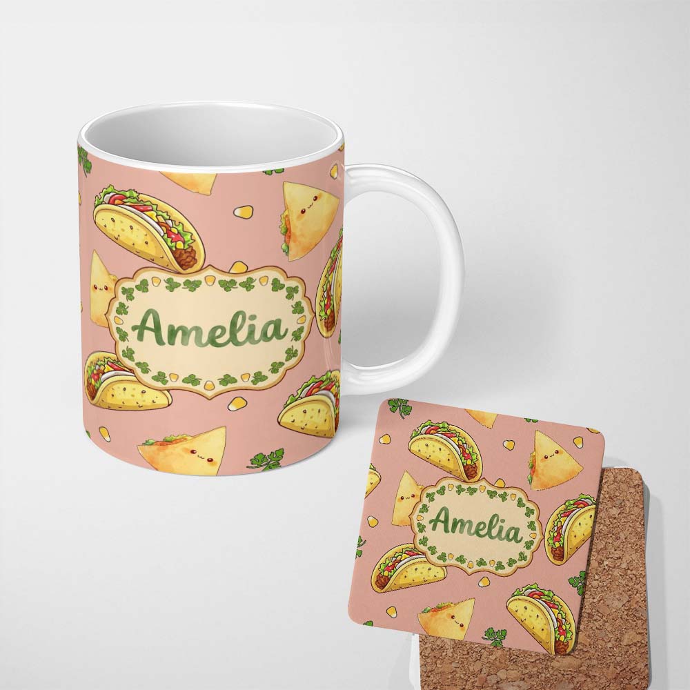 Personalized Custom Name Cute Kawaii Tacos and Wraps Peach Background Seamless Pattern Name 11oz Ceramic Coffee Tea Mug White Large Handle