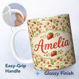 Personalized Custom Name Vintage Strawberries Flowers and Leaves on Cream Background Seamless 11oz Ceramic Coffee Tea Mug White Large Handle