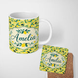 Personalized Custom Name Bright Yellow Lemon and Leaf Pattern with Modern Flat Illustration 11oz Ceramic Coffee Tea Mug White Large Handle