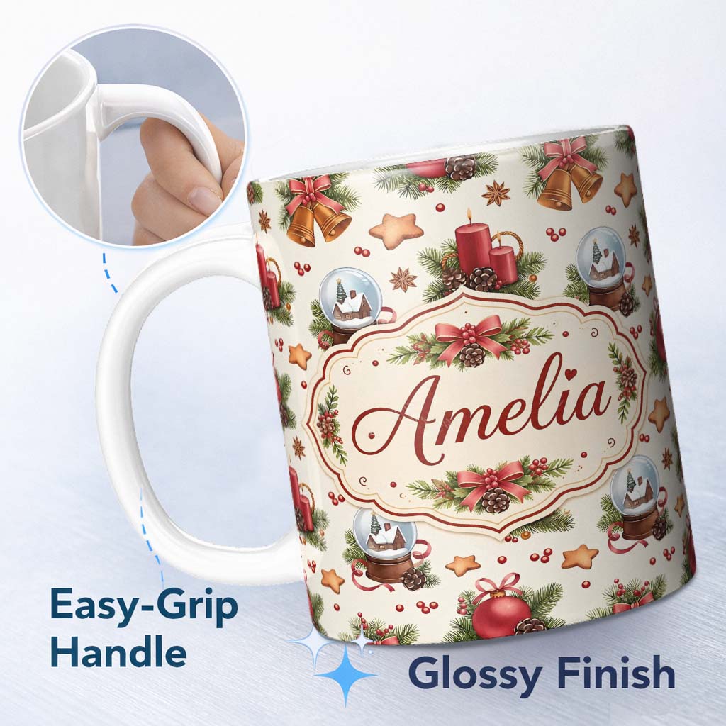 Personalized Custom Name Christmas Bells Candles Snow Globe Gingerbread Seamless Pattern 11oz Ceramic Coffee Tea Mug White Large Handle