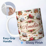 Personalized Custom Name Christmas Bells Candles Snow Globe Gingerbread Seamless Pattern 11oz Ceramic Coffee Tea Mug White Large Handle