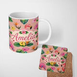 Personalized Custom Name Tropical Flamingo with Hibiscus Flowers and Leaves Peach Background 11oz Ceramic Coffee Tea Mug White Large Handle