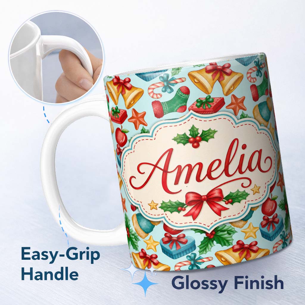 Personalized Custom Name Cute Christmas Bells Gift Sock Holly Apple Seamless Pattern Lovely 11oz Ceramic Coffee Tea Mug White Large Handle
