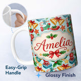 Personalized Custom Name Cute Christmas Bells Gift Sock Holly Apple Seamless Pattern Lovely 11oz Ceramic Coffee Tea Mug White Large Handle