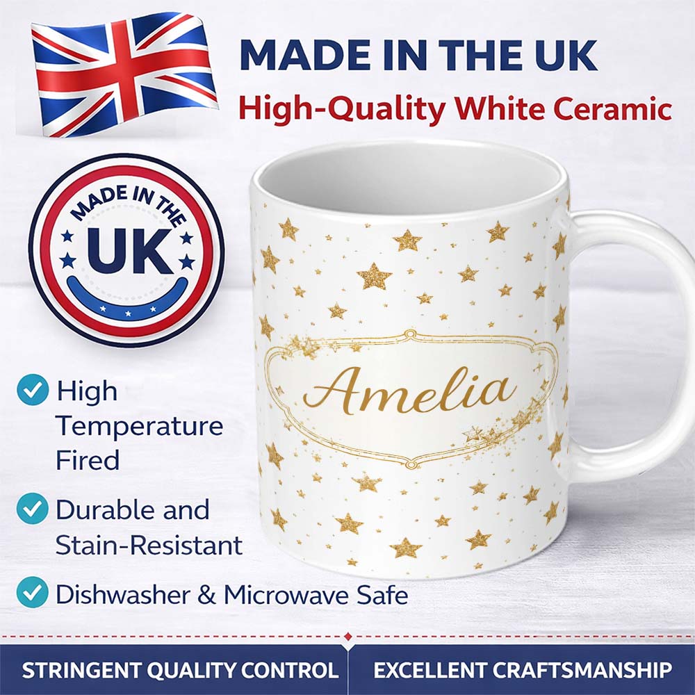 Personalized Custom Name Gold Glitter Stars on White Seamless Pattern Stylish Everyday Mug 11oz Ceramic Coffee Tea Mug White Large Handle