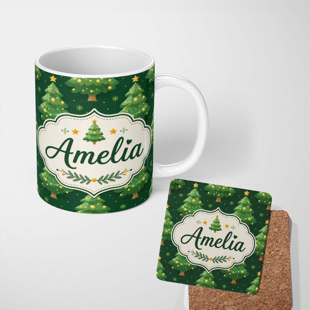 Personalized Custom Name Cute Green Christmas Trees Golden Ornaments Seamless Pattern Lovely 11oz Ceramic Coffee Tea Mug White Large Handle