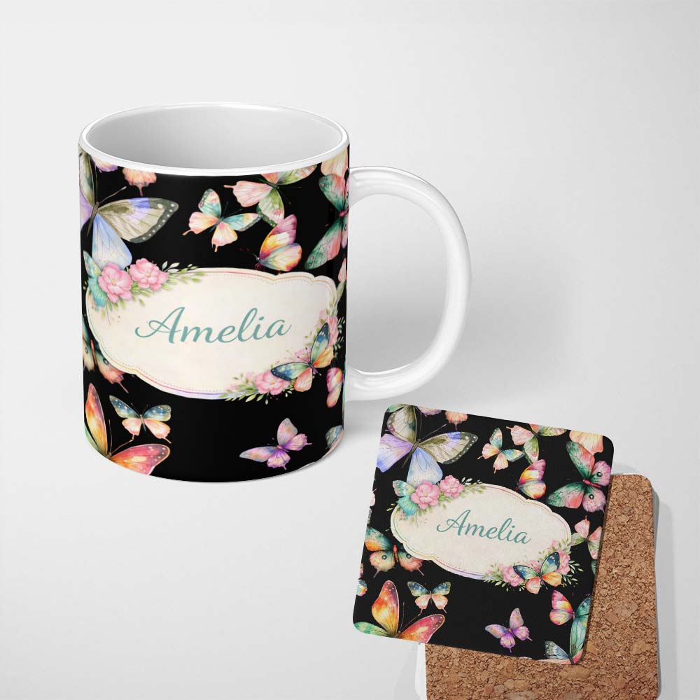 Personalized Custom Name Soft Multicolor Watercolor Butterflies Dark Background Seamless 11oz Ceramic Coffee Tea Mug White Large Handle