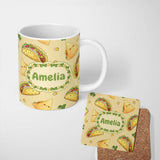 Personalized Custom Name Cute Kawaii Tacos and Wraps Seamless Pattern Yellow Background 11oz Ceramic Coffee Tea Mug White Large Handle