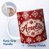 Personalized Custom Name Cute Red Knitted Christmas Tree Snowflake Nordic Fair Isle Seamless 11oz Ceramic Coffee Tea Mug White Large Handle