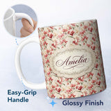 Personalized Custom Name Soft Pink Orchid Blossom on Cream Vintage Background Floral Design 11oz Ceramic Coffee Tea Mug White Large Handle