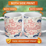 Personalized Custom Name Cute Kawaii Whale Starfish Seashell Ocean Animals Beige Background 11oz Ceramic Coffee Tea Mug White Large Handle