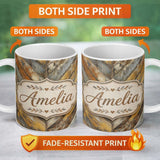 Personalized Custom Name Rustic Distressed Wood Chevron Pattern Vintage Texture Seamless 11oz Ceramic Coffee Tea Mug White Large Handle