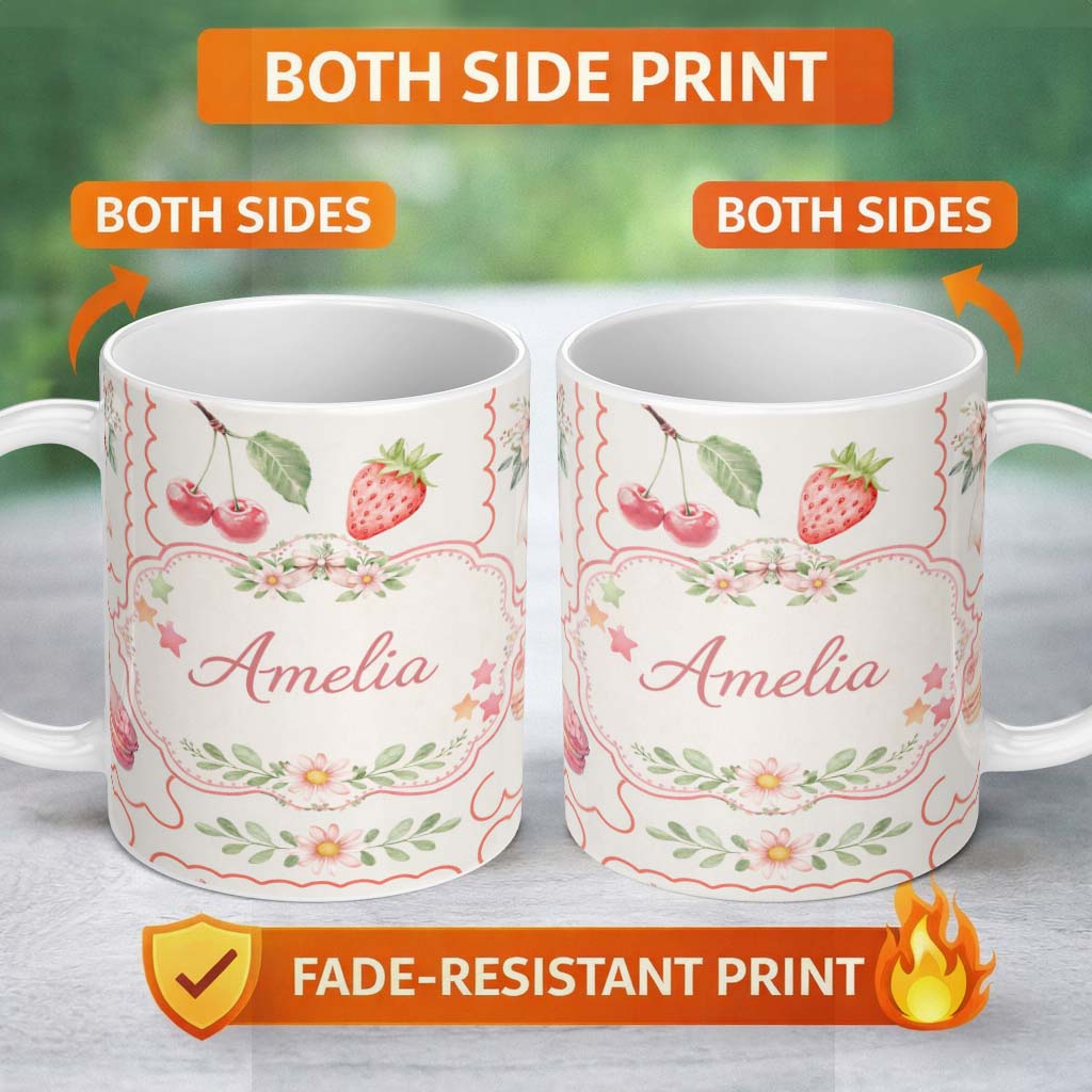 Personalized Custom Name Strawberry Cherry Bow Seamless Pattern Cute Pastel Coquette Design 11oz Ceramic Coffee Tea Mug White Large Handle