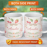 Personalized Custom Name Strawberry Cherry Bow Seamless Pattern Cute Pastel Coquette Design 11oz Ceramic Coffee Tea Mug White Large Handle