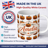 Personalized Custom Name Grunge Style Pumpkin Splash White Background Halloween Seamless 11oz Ceramic Coffee Tea Mug White Large Handle