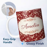 Personalized Custom Name Red Small Floral Seamless Pattern Perfect Gift for Her Lovely 11oz Ceramic Coffee Tea Mug White Large Handle