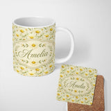 Personalized Custom Name Soft Cream Background Daisy Botanical Seamless Pattern Lovely 11oz Ceramic Coffee Tea Mug White Large Handle