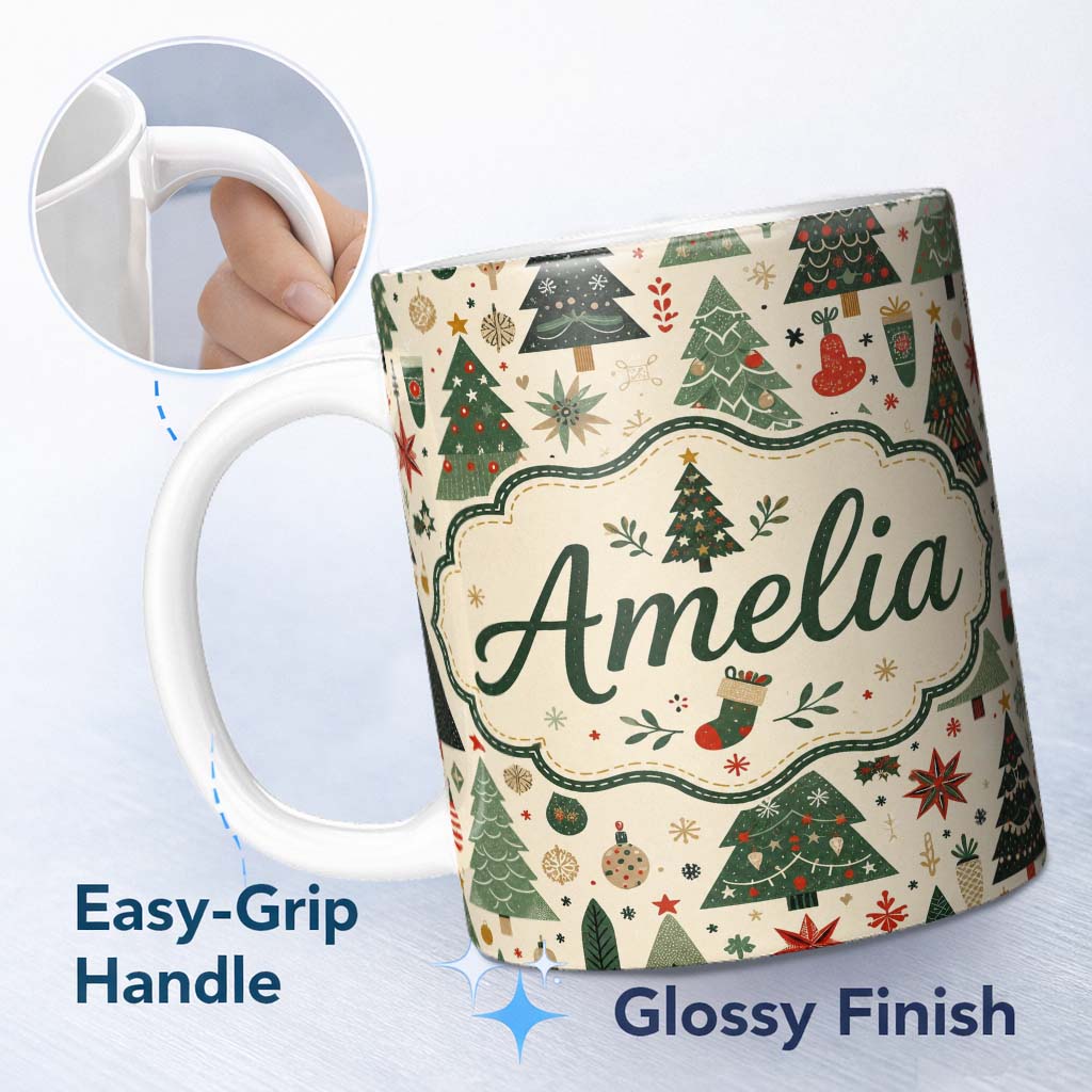 Personalized Custom Name Scandinavian Christmas Trees Ornaments Snowflakes Cozy Holiday 11oz Ceramic Coffee Tea Mug White Large Handle