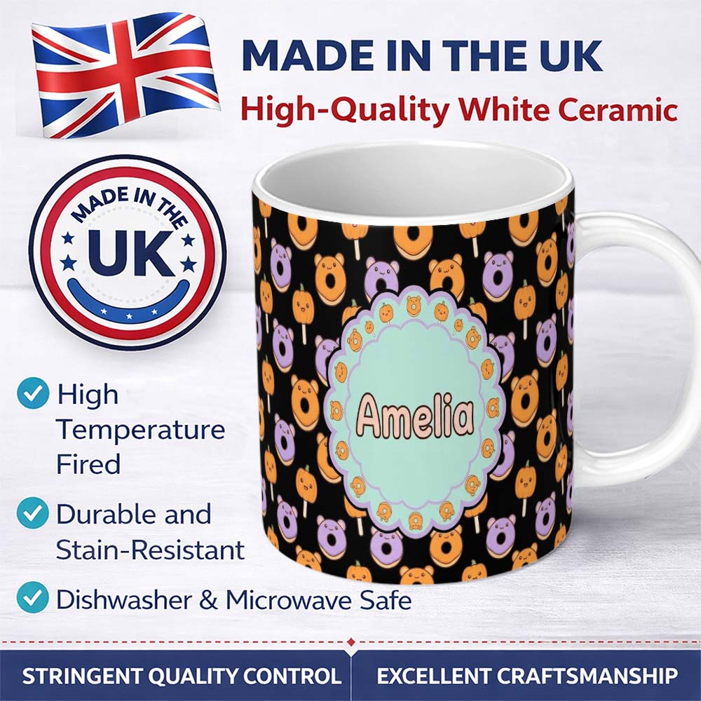 Personalized Custom Name Cute Kawaii Donuts Pumpkin Lollipop Seamless Pattern Light Grey 11oz Ceramic Coffee Tea Mug White Large Handle