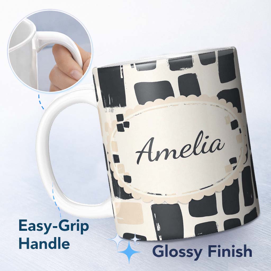 Personalized Custom Name Painterly Block Shapes Black Beige Modern Abstract Pattern Lovely 11oz Ceramic Coffee Tea Mug White Large Handle