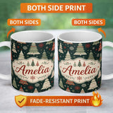 Personalized Custom Name Scandi Christmas Trees Snowflakes Red Green Dark Background Seamless 11oz Ceramic Coffee Tea Mug White Large Handle