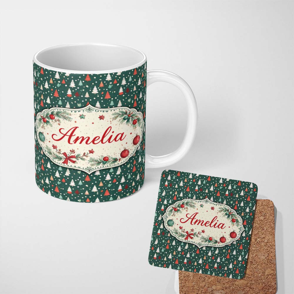 Personalized Custom Name Minimal Christmas Trees Polka Dot Green Seamless Pattern Lovely 11oz Ceramic Coffee Tea Mug White Large Handle
