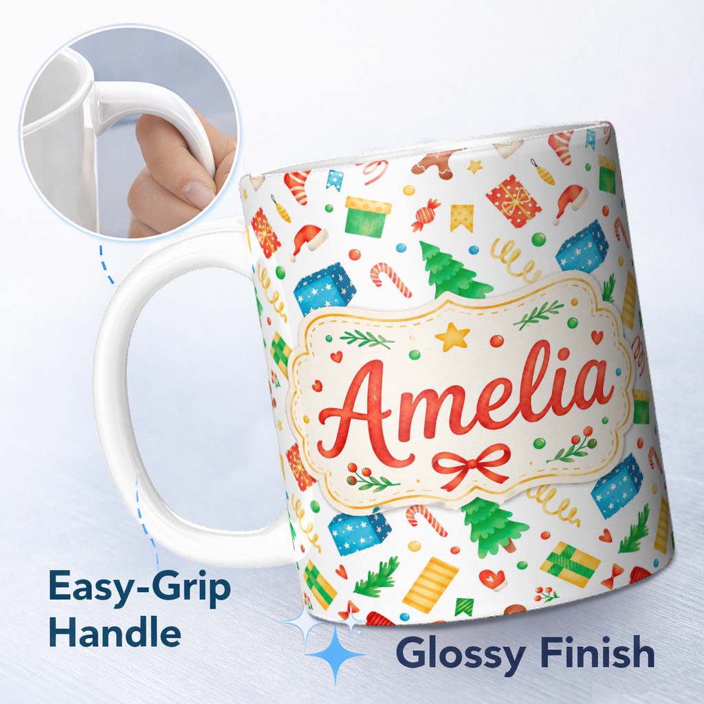 Personalized Custom Name Watercolor Christmas Tree Gingerbread Gift Seamless Pattern Lovely 11oz Ceramic Coffee Tea Mug White Large Handle