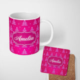 Personalized Custom Name Bright Pink Christmas Trees Star Glow Festive Seamless Pattern 11oz Ceramic Coffee Tea Mug White Large Handle