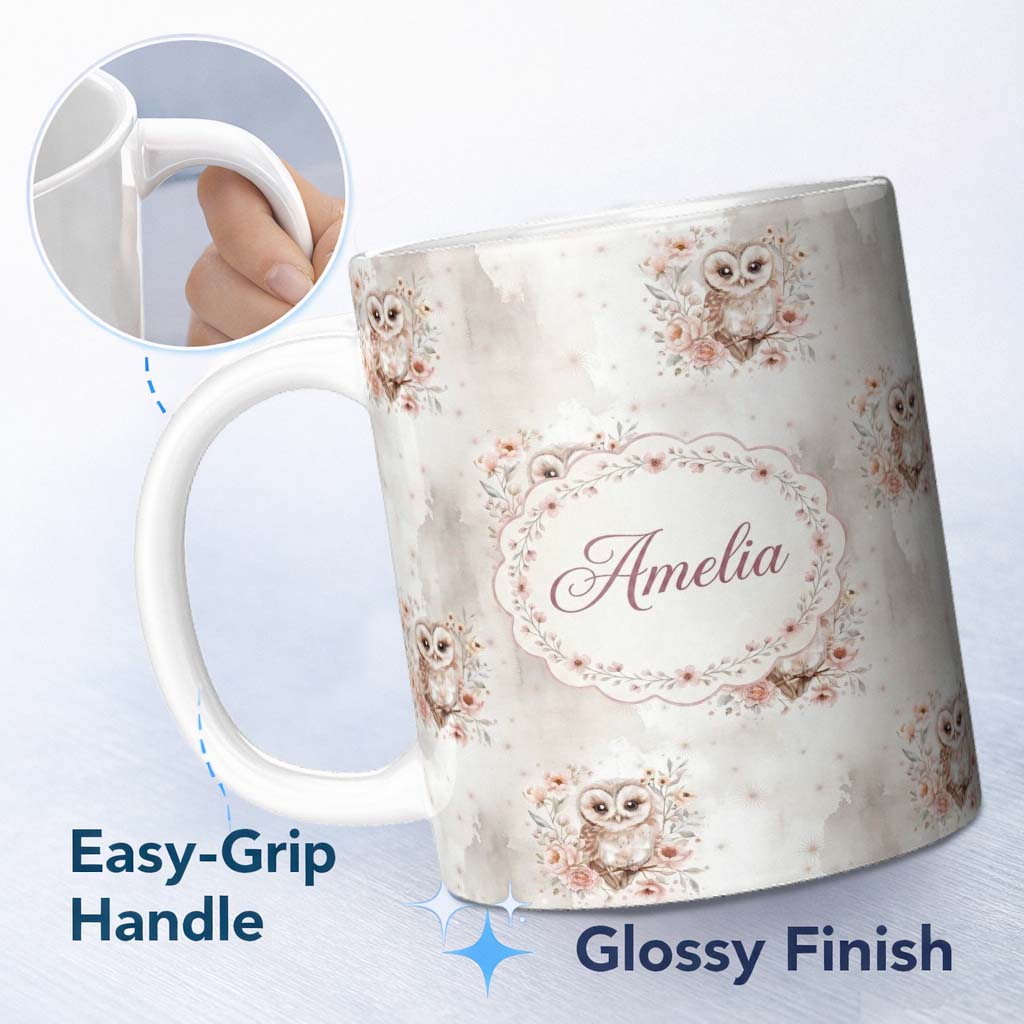 Personalized Custom Name Cute Owl Floral Pastel Nursery Seamless Pattern Perfect Gift for Her 11oz Ceramic Coffee Tea Mug White Large Handle