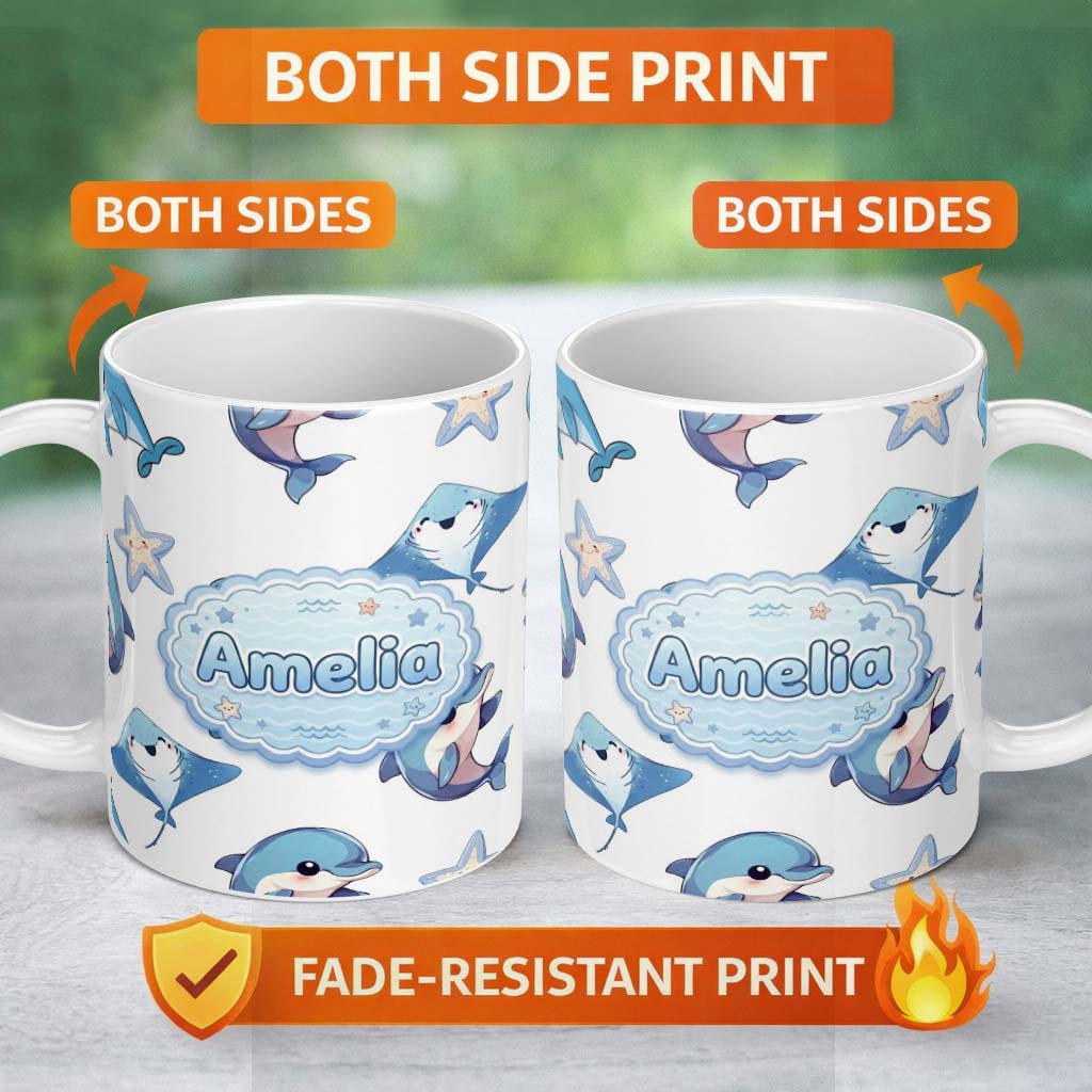 Personalized Custom Name Cute Dolphin Stingray Starfish Ocean Sea Life Light Grey Background 11oz Ceramic Coffee Tea Mug White Large Handle